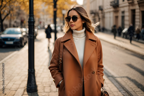 Outdoor autumn portrait of young elegant fashionable woman wearing trendy sunglasses