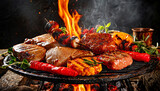 Various pieces of delicious grilled meat garnished with vegetables and herbs over flames on outdoor grill