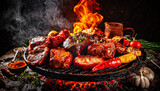 Various pieces of delicious grilled beef meat garnished with vegetables and herbs over flames on outdoor grill