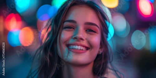 Enthusiastic Young Woman Delights In Vibrant Nightlife, Enhanced By Cutting-Edge Ai. Concept Immersive Vr Experiences, Bold Fashion Trends, Futuristic Technology, Vibrant Nightlife, Cutting-Edge Ai