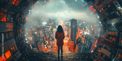 Dreaming In An Imaginary Cityscape: A Girl's World. Concept Surreal Landscapes, Whimsical Architecture, Fantasy Adventures, Magical Moments, Dreamy Escapes photo