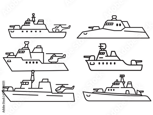 Military sea ship icon.Military boat.Navy battle ships.Outline vector illustration.Isolated on white background.Destroyer with helicopter.