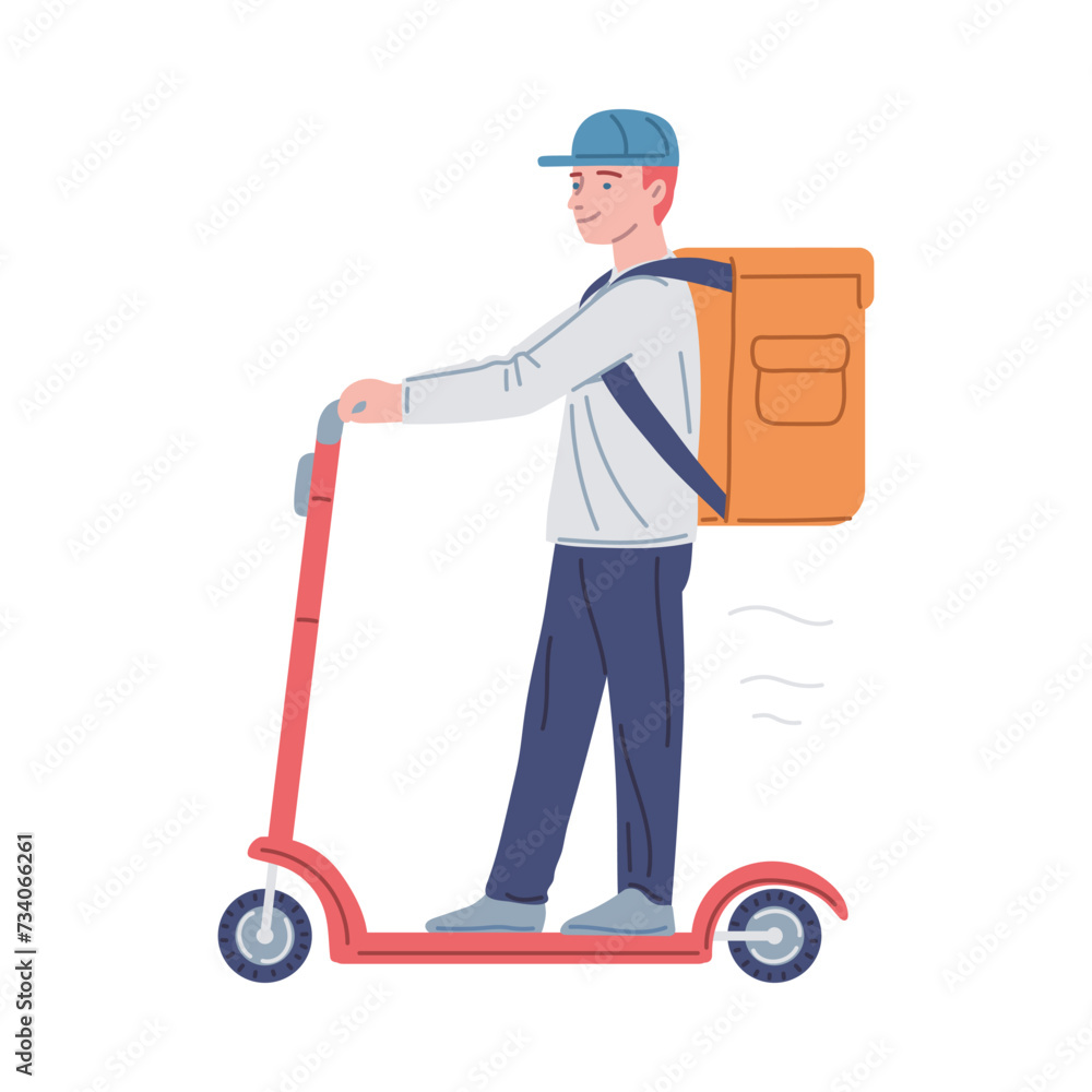 Courier with food delivery bag riding scooter Courier with food delivery bag riding scooter