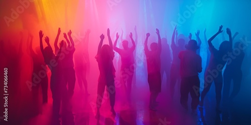 Joyful Neonclad Friends Celebrate With A Vibrant, Energetic Aura At A Party. Concept Vibrant Neon Party, Energetic Celebration, Joyful Friends, Neonclad Fashion, Colorful Aura