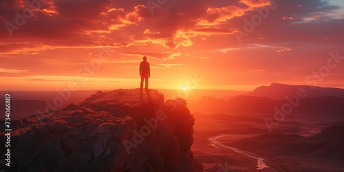 Man Takes In Breathtaking Sunset View While Standing On Mountain Cliff. Concept Adventure Photography, Mountain Landscapes, Sunset Views, Cliffside Poses, Nature's Beauty