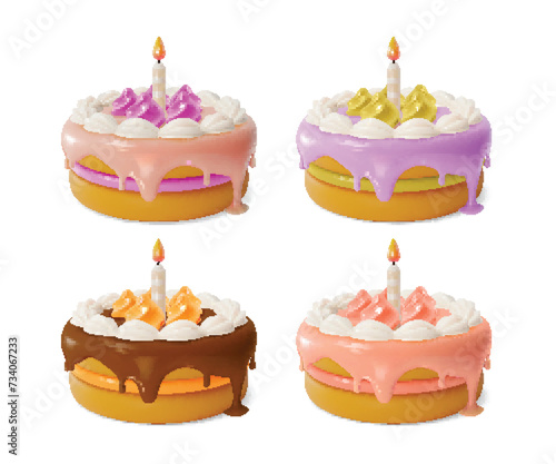 3d Different Birthday Cake with Candle Set Cartoon Style Whole Isolated on a White Background. Vector illustration