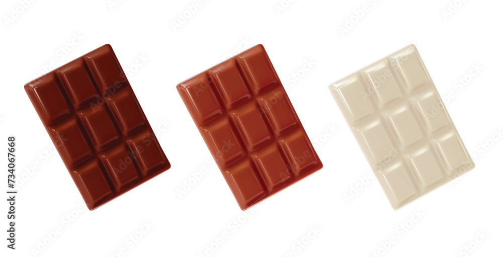 3d Dark, Milk and White Chocolate Bar Set Sweet Dessert Food Cartoon Style Isolated on a Background. Vector illustration