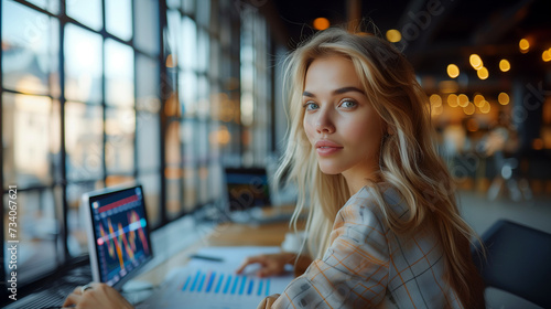 Smiling portrait of a elegant businesswoman working with multiply display showing graph and stock price on desk.