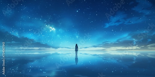 Person Gazes At Starfilled Sky, Symbolizing Dreams, Aspirations, And Their Enigmatic Nature. Concept Stargazing, Dreamscape, Enigmatic Nature, Aspirations, Symbolic Imagery photo
