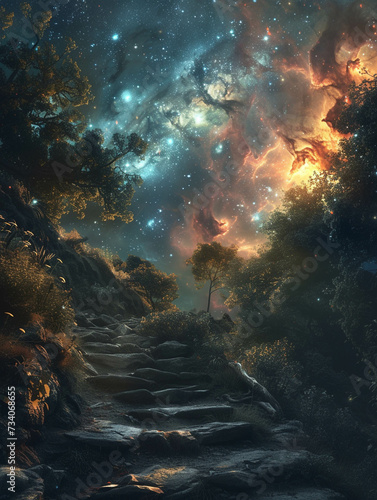 Create a fantasy landscape where nebulae form the backdrop for a devils enchanting realm photo