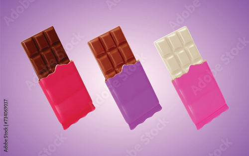 3d Dark, Milk and White Chocolate Bar in Opened Color Wrapped Set Sweet Dessert Food Cartoon Style. Vector illustration