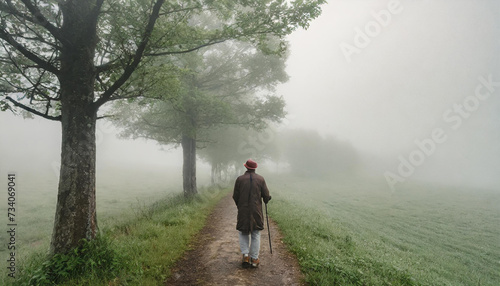 Alter Mann geht im Nebel spazieren photo