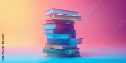 Stack Of Colorful Books Floating In A 3D Space, Sparking Imagination. Concept Magical Forest With Sunlight Streaming Through Trees, Serene Lake With Reflections Of Mountains