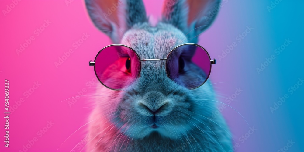 Stylish Bunny Rocking Shades Against Vibrant Backdrop A Playful Photo. Concept Gorgeous Waterfall Landscape, Serene Beach Sunset, Majestic Mountain Scenery, Enchanting Forest Path