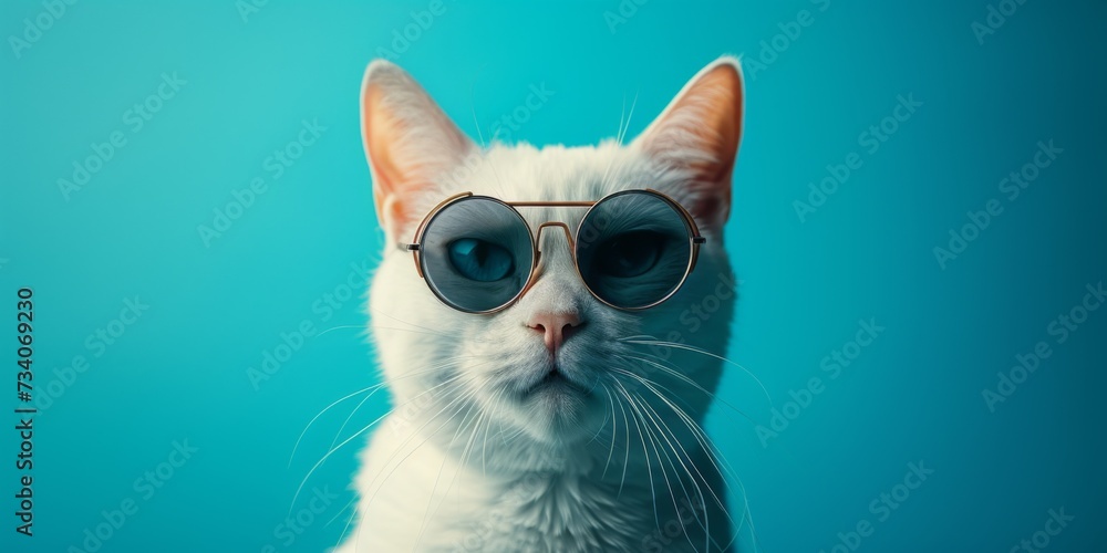 Stylish And Trendy White Cat Wearing Round Sunglasses Showcases Cool Fashion Sense. Concept Fashionable Feline, Stylish Cat, Trendy Accessories, Cool Cat, White Cat In Sunglasses