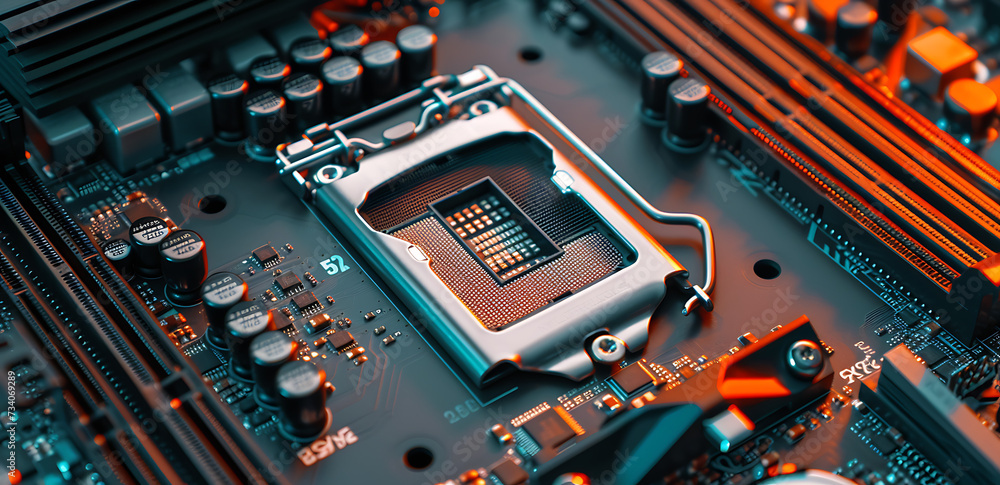 cpu component on a motherboard in the style of light  - obrazy, fototapety, plakaty 