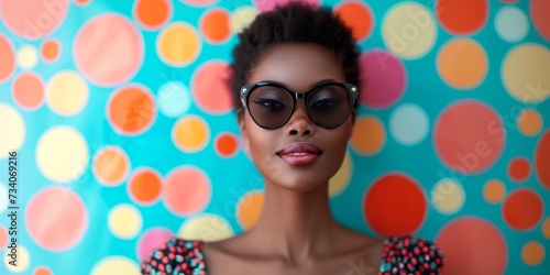 Stylish African American Woman With Cool Shades Against Vibrant Polka Dot Backdrop. Concept Fashionable Urban Street Style  Bold And Beautiful  Street Art Fashion  Chic Sunglasses  Vibrant Polka Dots