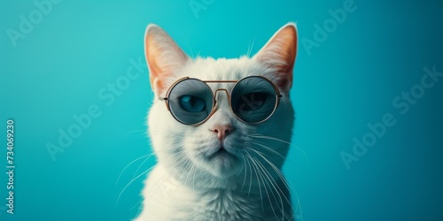 Stylish And Trendy White Cat Wearing Round Sunglasses Showcases Cool Fashion Sense. Concept Fashionable Feline, Stylish Cat, Trendy Accessories, Cool Cat, White Cat In Sunglasses