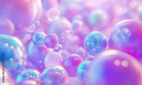 A vibrant array of translucent, iridescent bubbles float ethereally against a soft, pastel-colored background, creating a dreamlike visual
