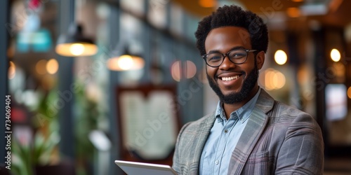 Successful African American Professional Confidently Uses Digital Tablet In Vibrant Modern Workspace. Concept Workspace Productivity, Digital Technology, Professional Success
