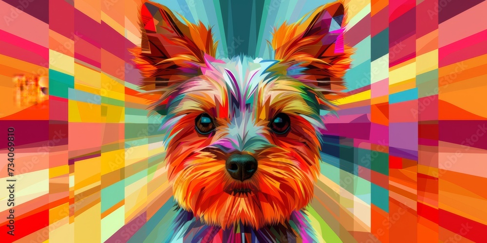 Trendy Artwork Of A Yorkshire Terrier, Featuring Bold Geometric Shapes And Lines. Concept Modern Dog Art, Geometric Yorkie, Trendy Pet Portraits, Bold Artwork, Contemporary Canine Art