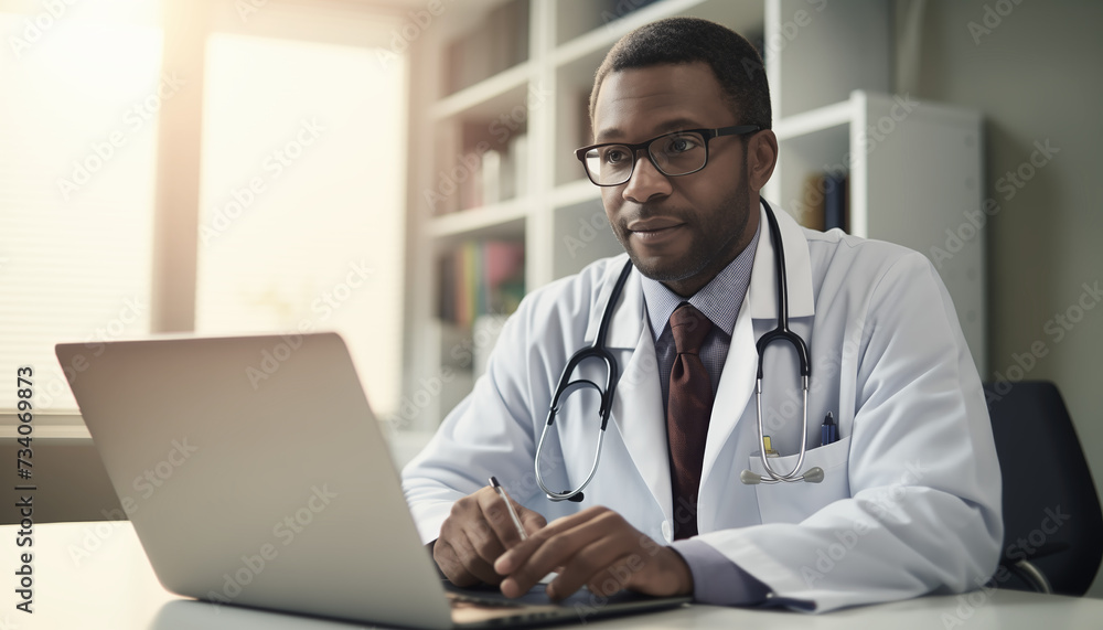 black doctor using a laptop during an appointment with a patient black doctor using a laptop during an appointment with a patient