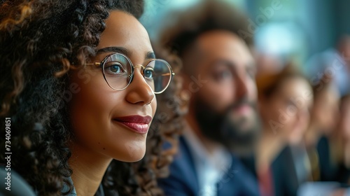 Close-up of a young woman with glasses attentively participating in a professional development seminar.