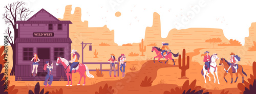 Cowgirls at Wild west ranch on desert landscape, swag cowgirls rides horses, vector vintage American ranger women