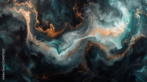 Whirls of cosmic teal and molten copper entwining in a celestial ballet, creating an abstract dance captured in acrylic on a canvas of profound obsidian black. 
