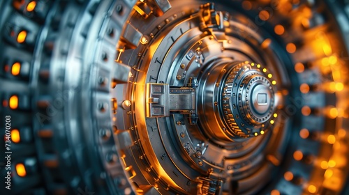 An intricate, high-security bank vault door with advanced locking mechanisms, portraying financial safety and technology.