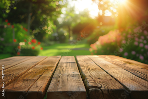Empty wooden table in summer background with the blurred green garden and picnic or BBQ in the background. Generative AI