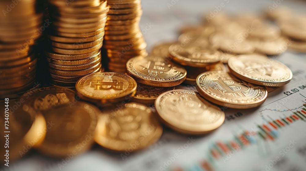 Stacked Bitcoin coins on an analytical financial chart reflecting the growth and investment in cryptocurrency markets. Stacked Bitcoin coins on an analytical financial chart reflecting the growth and investment in cryptocurrency markets.