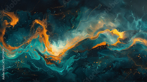 Whirls of cosmic teal and molten copper entwining in a celestial ballet, creating an abstract dance captured in acrylic on a canvas of profound obsidian black. 