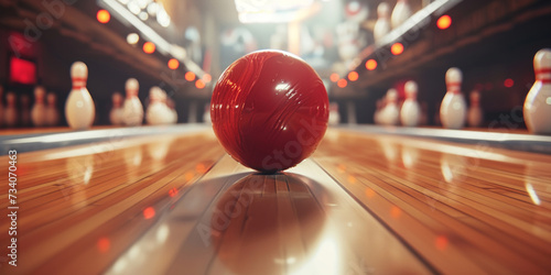 Close-up of a bowling ball hitting pins photo