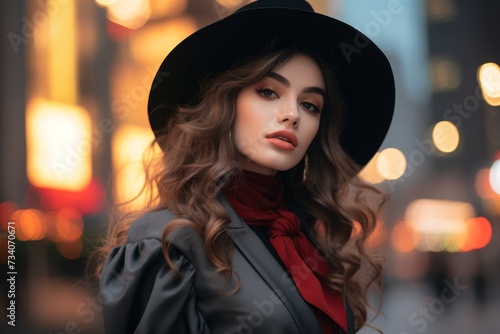 Portrait of beautiful young woman in black hat and red scarf.