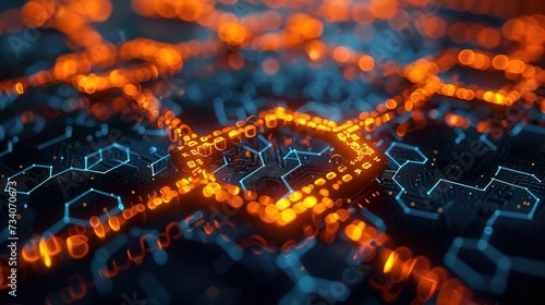 A close-up of a circuit board with glowing orange patterns, representing cryptographic blockchain technology in action. photo
