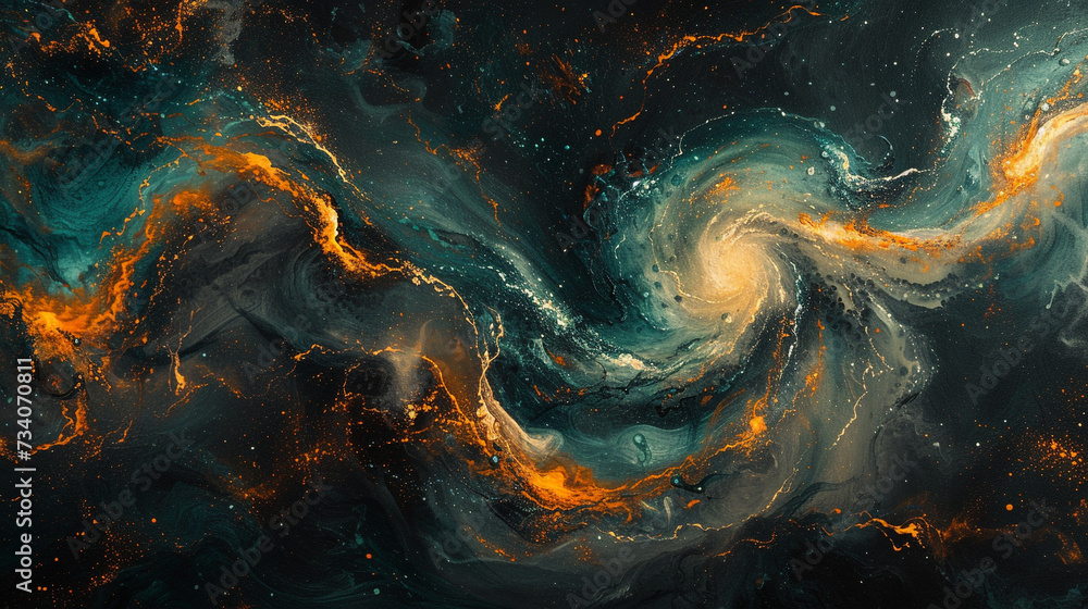 Whirls of cosmic teal and molten copper entwining in a celestial ballet, creating an abstract dance captured in acrylic on a canvas of profound obsidian black.  - obrazy, fototapety, plakaty 