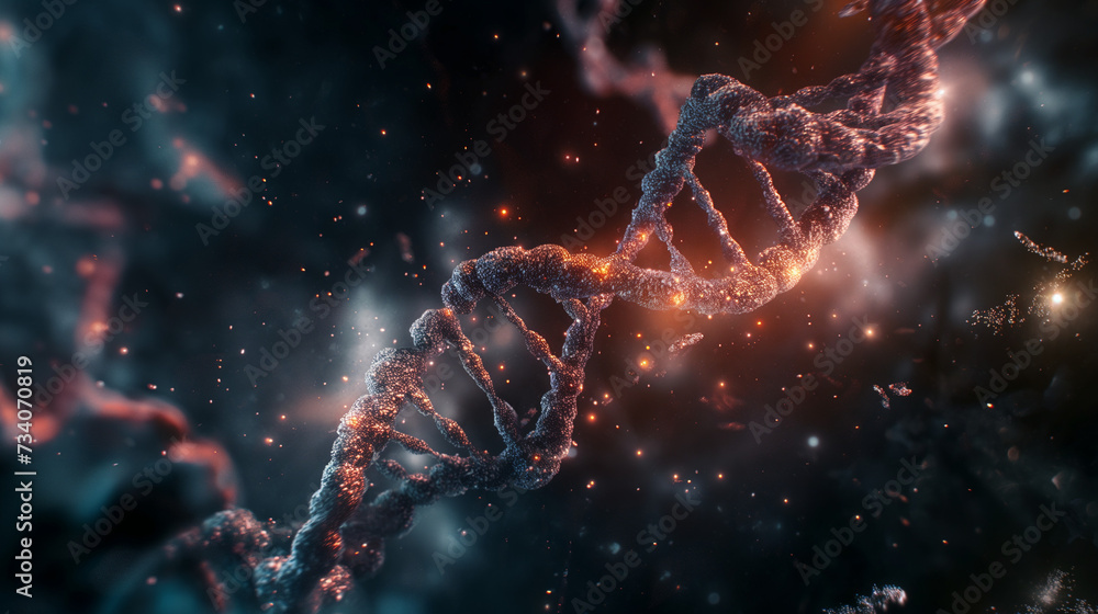 DNA helix is intertwined with elements of digital artificial intelligence. The role of artificial intelligence in human genetics DNA helix is intertwined with elements of digital artificial intelligence. The role of artificial intelligence in human genetics