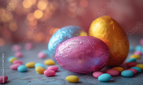 Colourful chocolate easter eggs wrapped in foil with copy space, Generative AI