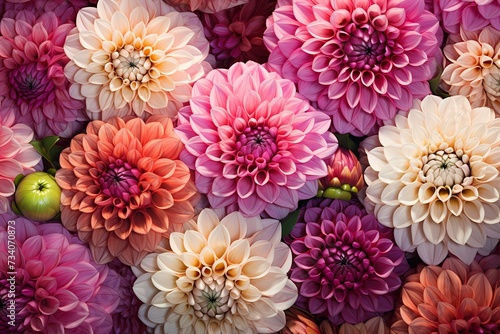 Overhead shot of a cluster of dahlia blooms, their intricate petals providing an artistic space for text. © Kanwal