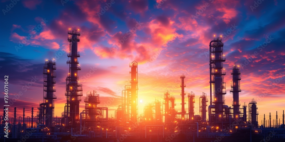 Radiant Twilight Sky Sets The Stage For Thriving Petrochemical Industry. Concept Sustainable Energy Solutions, Technological Advancements, Economic Growth, Environmental Impact, Job Opportunities