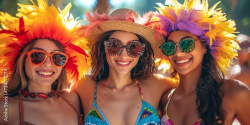 Vibrant Women Celebrate And Immerse In The Joy Of Brazilian Carnival. Concept Samba Dancers, Extravagant Costumes, Sizzling Energy, Carnival Parade, Brazilian Culture