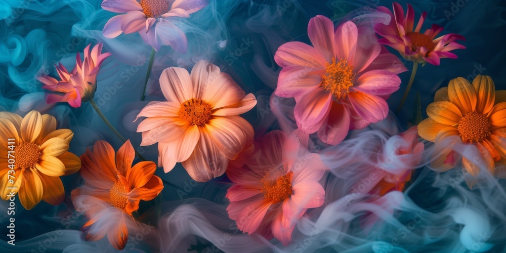 Creating A Whimsical Illusion: Vibrant, Dreamlike Flowers Interwoven With Colorful Smoke. Concept Nature-Inspired Art, Intricate Leaf Designs, Serene Landscapes, Ethereal Sunsets,