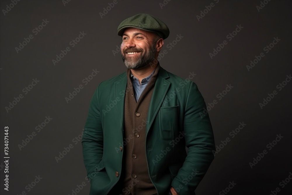 Portrait of a happy mature man in a green jacket and beret on a dark background Portrait of a happy mature man in a green jacket and beret on a dark background