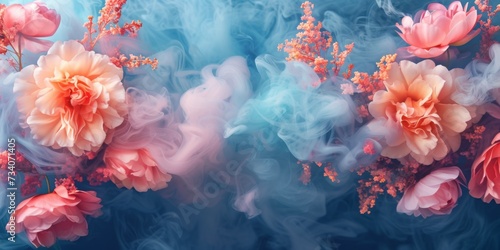 An Enchanting Illusion: Splendid Flowers Dancing Amidst Colorful Smoke. Concept Magical Forest Adventures, Whimsical Fairy Tales, Mystical Creatures, Secret Garden Delights