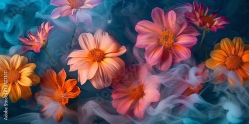 Creating A Whimsical Illusion: Vibrant, Dreamlike Flowers Interwoven With Colorful Smoke. Concept Nature-Inspired Art, Intricate Leaf Designs, Serene Landscapes, Ethereal Sunsets,