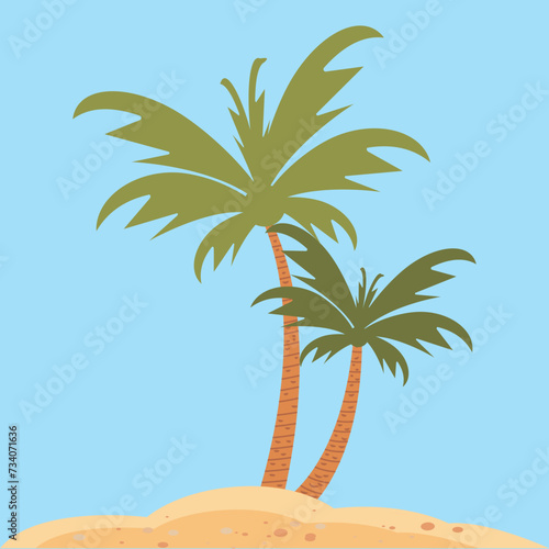 Palm trees with beach sand on a blue background. Summer concept. Icon design for travel and travel flyers. Vector illustration.