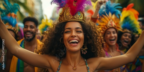 Women In Colorful Costumes Celebrating At The Brazilian Carnival With Joy And Excitement. Concept Brazilian Carnival, Women In Colorful Costumes, Joyful Celebration, Excitement