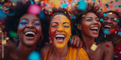 Joyful Brazilian Women Embrace The Spirit Of Carnival In Colorful Costumes. Concept Outdoor Photoshoot, Colorful Props, Joyful Portraits, Playful Poses