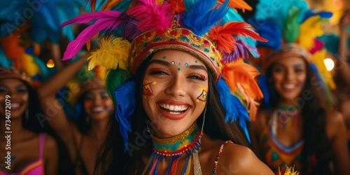 Colorfully Dressed Women Embrace The Festive Spirit At An Energetic Brazilian Carnival Celebration. Concept Brazilian Carnival, Colorful Costumes, Energetic Celebration, Festive Spirit